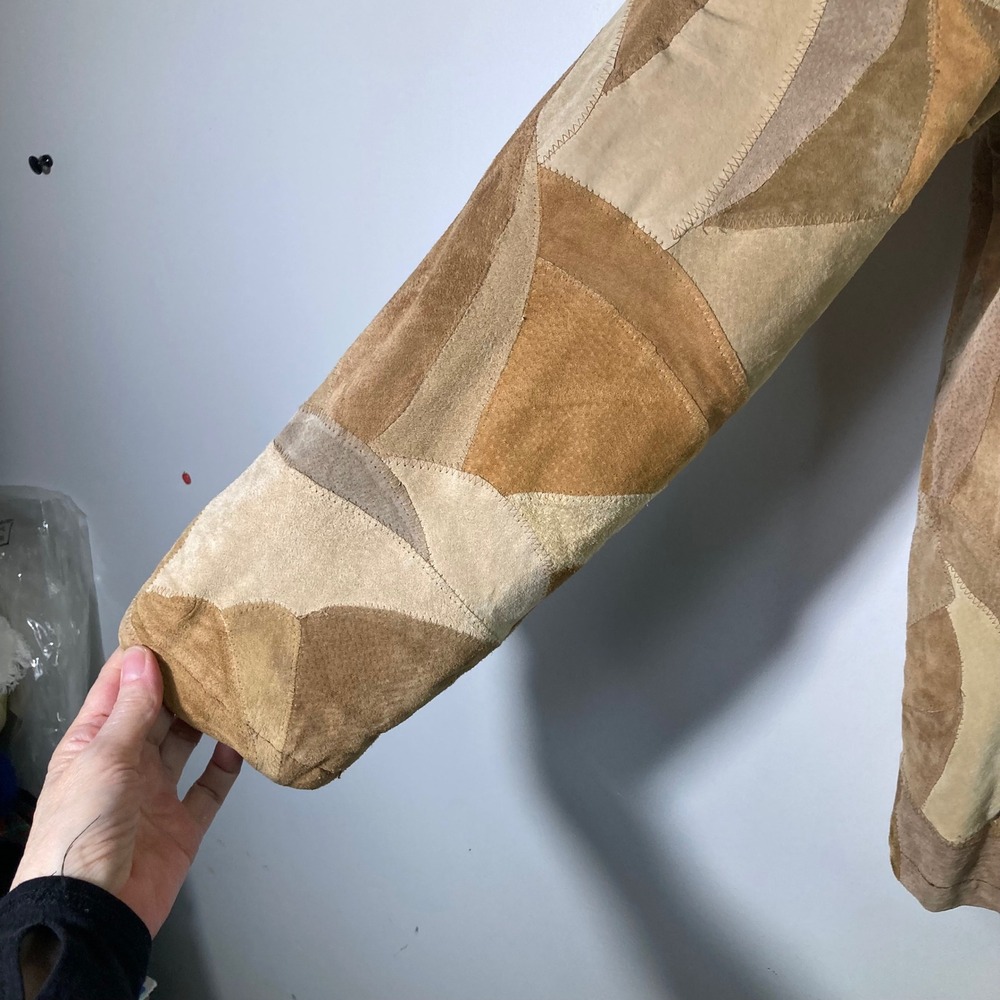 Womens Suede Patchwork Leather Jacket Tan Brown 2… - image 8